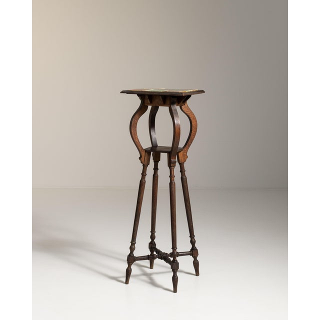 Art Nouveau 1910s French Chestnut Brown Art Nouveau Pedestal Table with Ceramic Tile Top For Sale - Image 3 of 15
