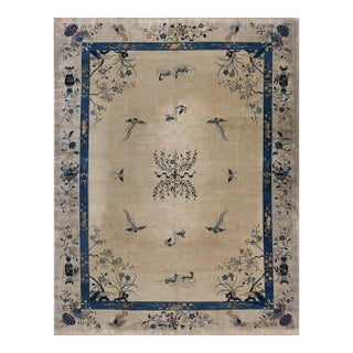 1920s Beige Floral Medallion Antique Chinese Peking Carpet 8'10" X 11'6" Rug For Sale