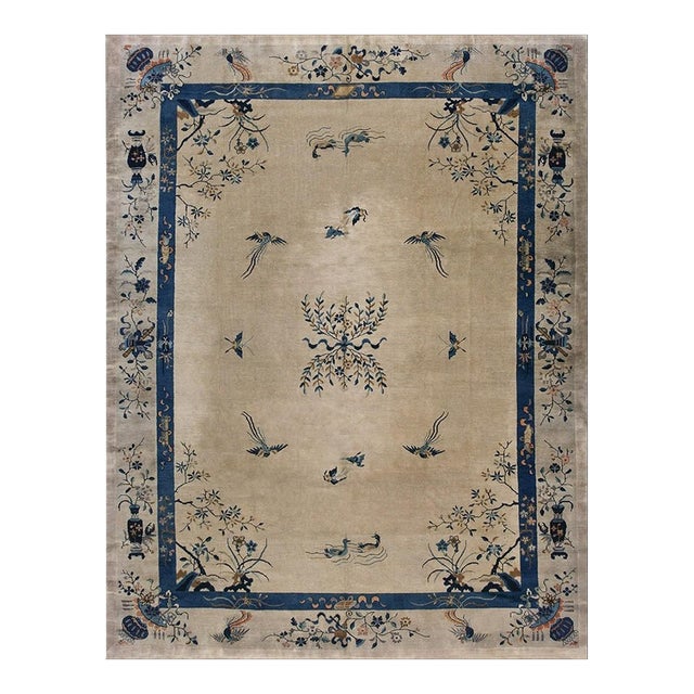 1920s Beige Floral Medallion Antique Chinese Peking Carpet 8'10" X 11'6" Rug For Sale