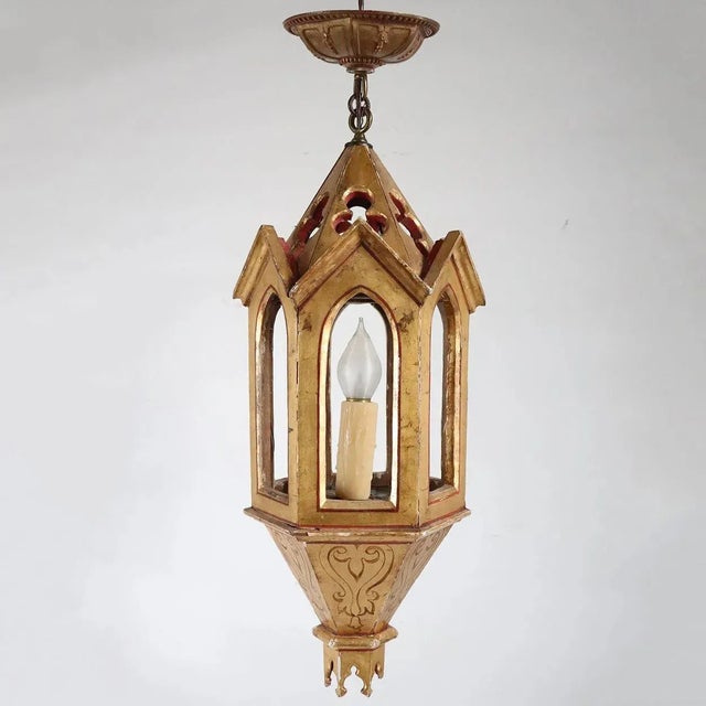 Early 20th Century Italian Venetian Gilt & Painted Pine Hanging 1-Light Pendant Lantern For Sale - Image 10 of 11