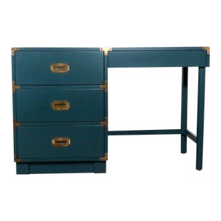 1960's Ocean Blue & Brass Campaign 3 Drawer Desk For Sale
