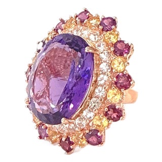 Bochic "Orient" Vintage Amethyst & Multi Gem Cocktail Ring Set 18K Gold & Silver For Sale