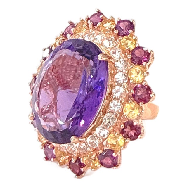 Bochic "Orient" Vintage Amethyst & Multi Gem Cocktail Ring Set 18K Gold & Silver For Sale