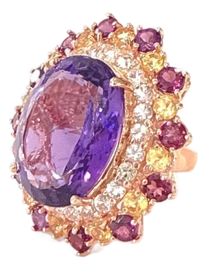 Bochic "Orient" Vintage Amethyst & Multi Gem Cocktail Ring Set 18K Gold & Silver