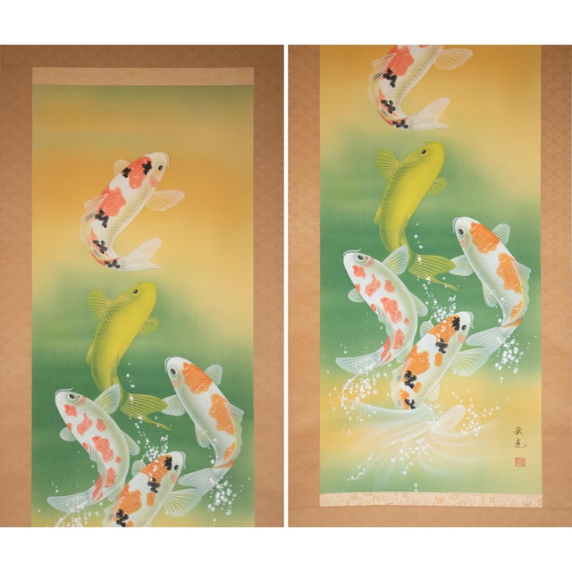 Japanese "Dancing Carps" by Akimitsu Sataka, Japanese Silk Scroll Painting in Original Wooden Case For Sale - Image 3 of 18