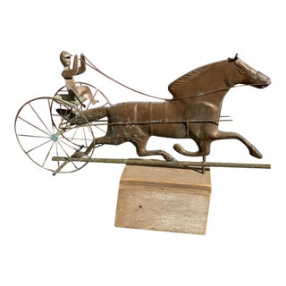 Vintage Copper Racehorse and Driver Weathervane on Wooden Plinth Base For Sale
