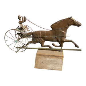 Vintage Copper Racehorse and Driver Weathervane on Wooden Plinth Base