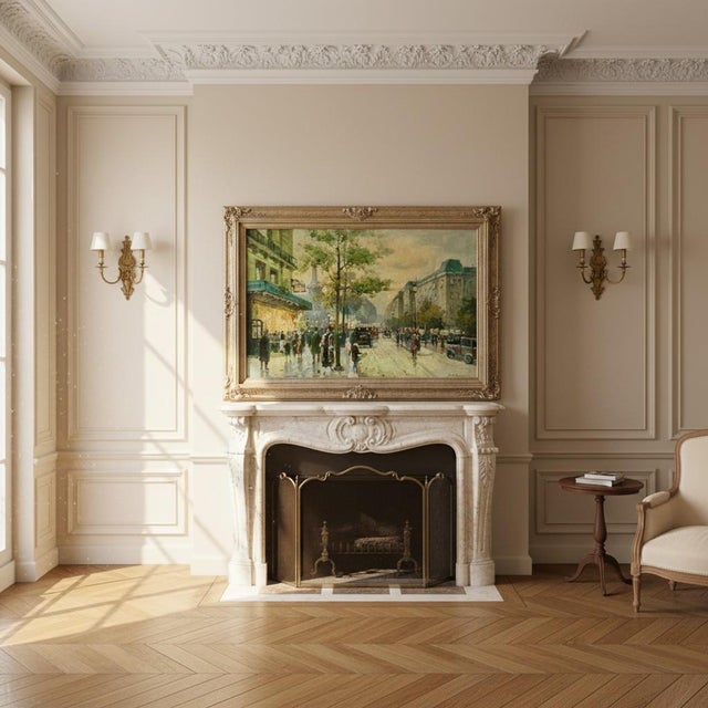 Original signed oil on canvas depicting an elegant Paris boulevard with figures, early automobiles, and a glowing café...