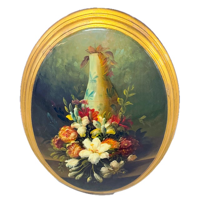 Realism Vintage Oval Floral Still Life Oil Painting For Sale - Image 3 of 11
