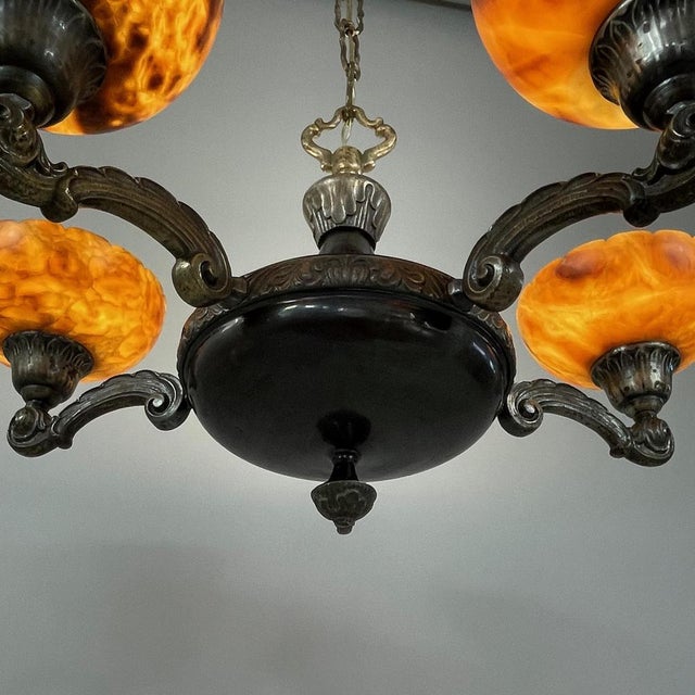 Swedish 5-Light Chandelier in Nickel Plated Brass and Alabaster, 1920s For Sale - Image 12 of 18