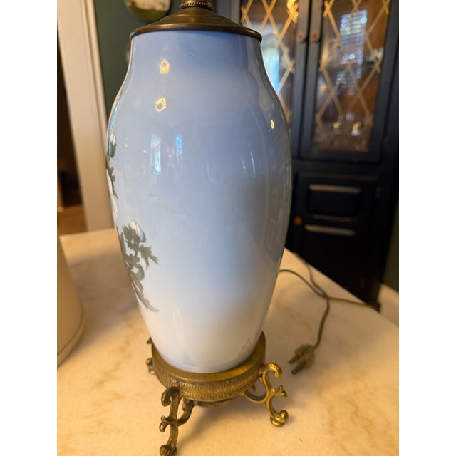 Blue Vintage Bing & Grondahl Copenhagen Danish Porcelain Floral Vase Table Lamp With Brass Footed Base For Sale - Image 8 of 14