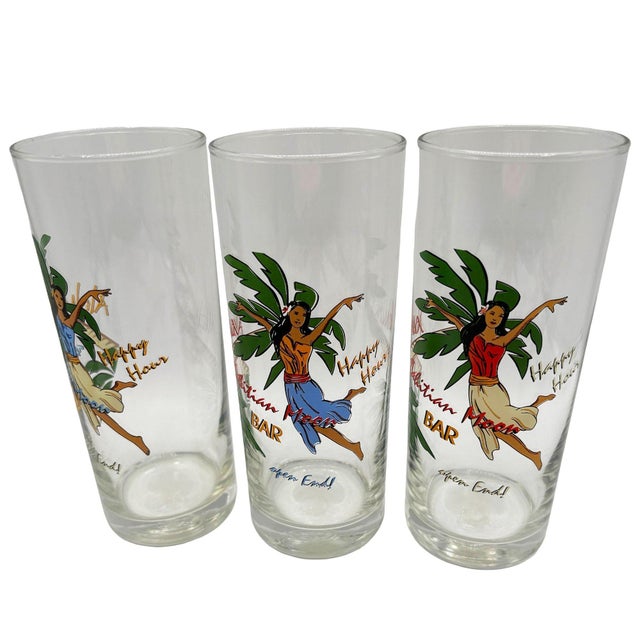 1990s Tiki Hula Girl Hawaiian High Ball Bar Drinking Glass Tahitian Moon Bar, Set of 3 For Sale In Los Angeles - Image 6 of 9