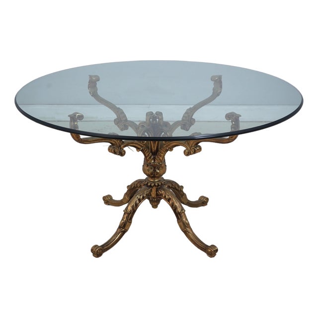 Hollywood Regency Brass & Round Glass Pedestal 54 Inch Dining Table For Sale