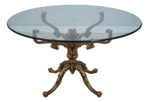 Hollywood Regency Brass & Round Glass Pedestal 54 Inch Dining Table