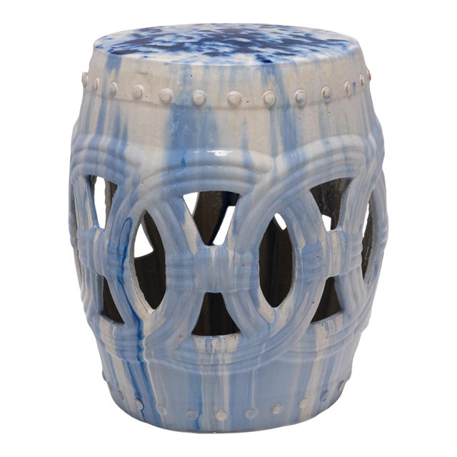 Drip Blue & White Prosperity Garden Stool For Sale