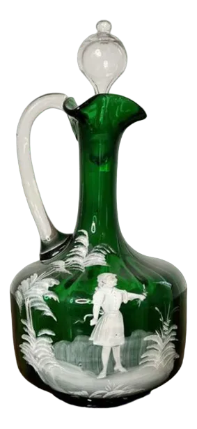 Antique Victorian Mary Gregory Green Glass Ewer, 1860s