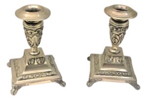 Low Candlesticks in Embossed Silver, Set of 2
