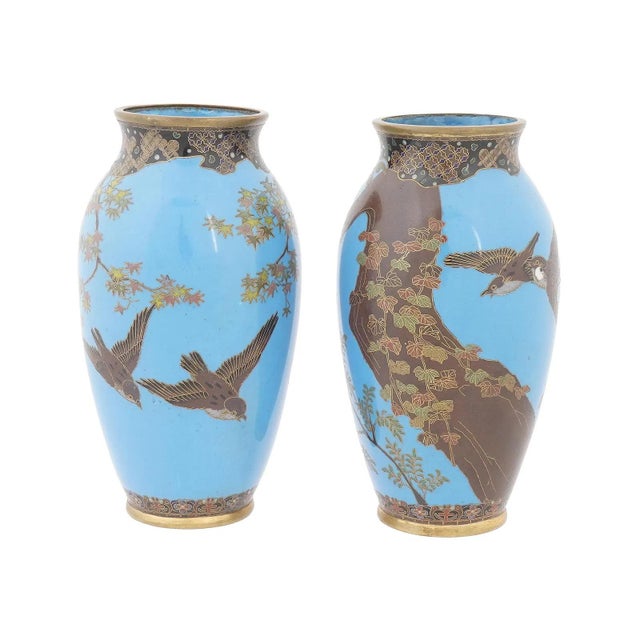 Pair Japanese Cloisonne Owls Hawks Maple on Turquoise Blue Enamel Vases Goto For Sale In New York - Image 6 of 9