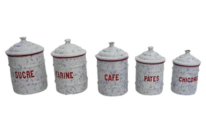 Belgian Enamel Kitchen Canisters - Set of 5