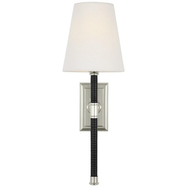 Basden 16" Tail Sconce in Polished Nickel and Black Rattan with Linen Shade Designer: Chapman & Myers Finish: Polished...