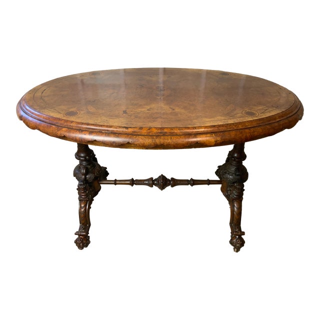 Victorian Oval Burl Walnut Table For Sale