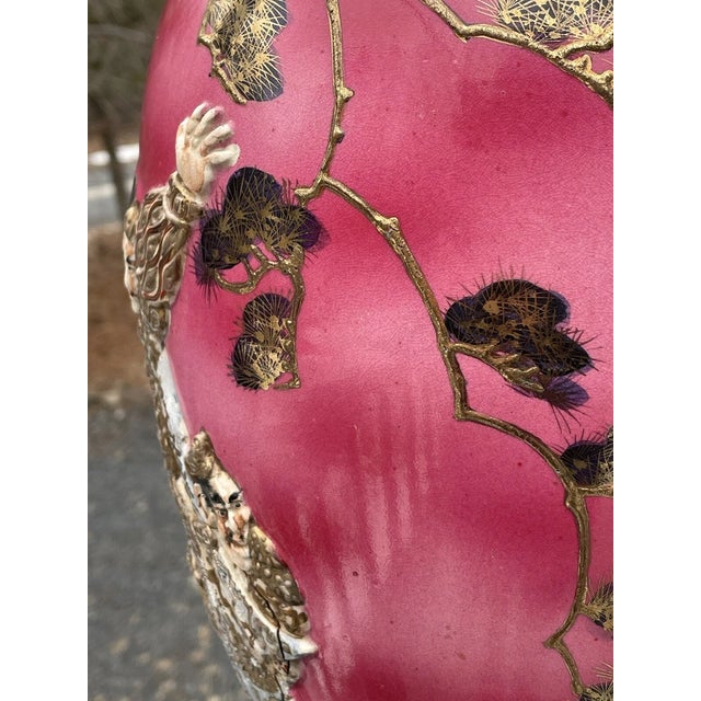 18" Fine & Large Antique Pink Satsuma Deep Relief Warrior Vase Meiji Era 19th C. For Sale - Image 10 of 18