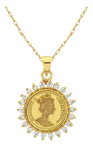 Queen Elizabeth Gibraltar Gold Coin with Diamond Halo Necklace 16"