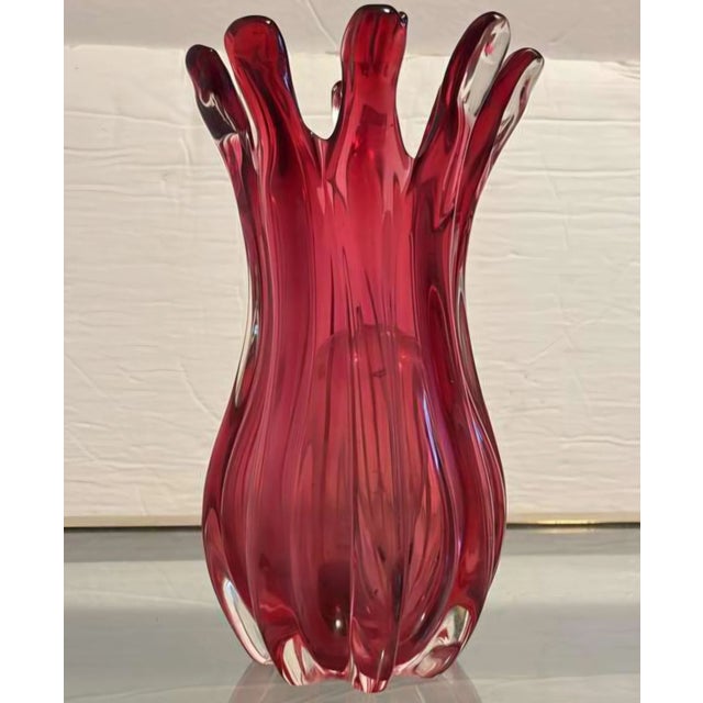 1960s Hand Blown Cranberry Art Glass Vase, Czech Attributed For Sale - Image 4 of 11