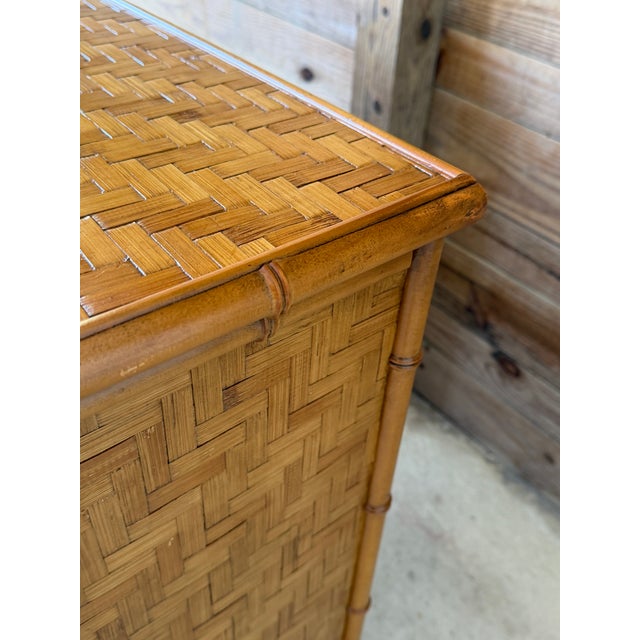 Vintage Boho Coastal Dixie Campaign Style Faux Bamboo Sideboard With Herringbone Panels For Sale - Image 9 of 12