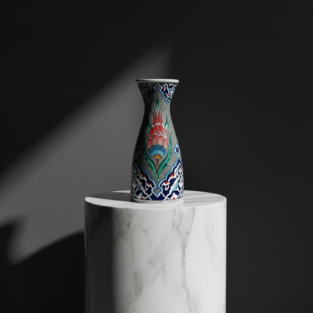 Slate Gray Handmade Ceramic Conical Vase (25cm) – Antique Stone Texture & Red Tulip Pattern – Vintage Style Decor For Sale - Image 8 of 8