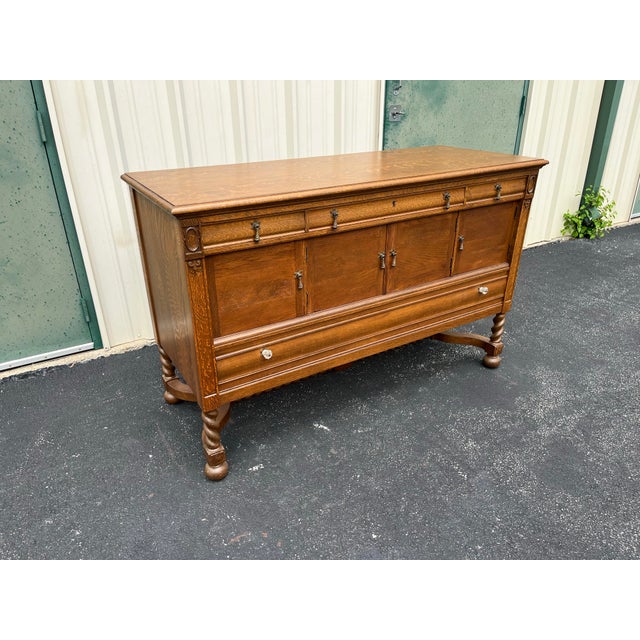 Antique Victorian Quartersawn Oak Barley Twist Sideboard Buffet For Sale - Image 4 of 12