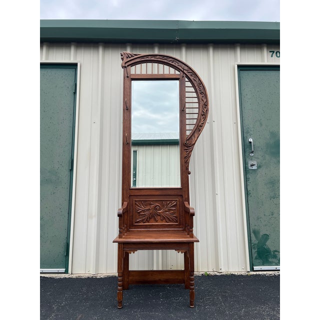 Antique Edwardian American Tiger Oak Mirrored Hall Tree Seat With Carved Motifs For Sale - Image 9 of 12