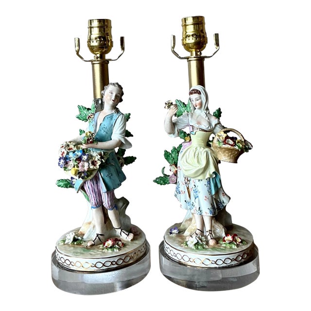Vintage Regency German Dresden Porcelain Figure Lamps - A Pair For Sale