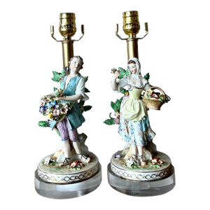 Vintage Regency German Dresden Porcelain Figure Lamps - A Pair