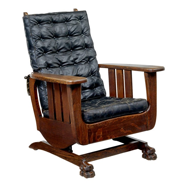 Antique Oak and Leather Rocking Chair, 1910 For Sale