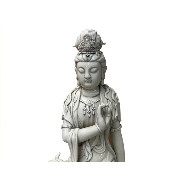 Chinese Chinese Handcrafted GuanYin Bodhisattva on Dragon White Porcelain Statue For Sale - Image 3 of 10