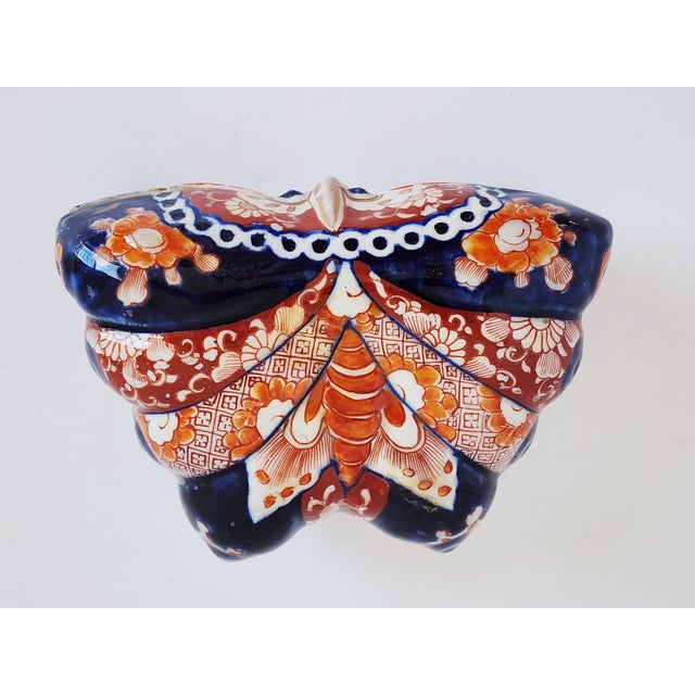 Navy Blue Antique Japanese Imari Porcelain Butterfly Box For Sale - Image 8 of 12