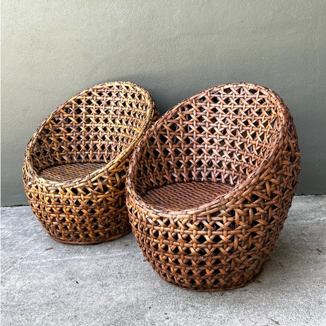 Coffee Vintage Woven Rattan Lounge Chairs - Pair For Sale - Image 8 of 12