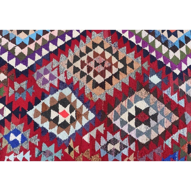 Mid 20th Century Hand Woven Vintage Qashqai Persian Kilim Rug With Bold Geometric Diamonds in Red, Blue, and Multicolor 9'1 X 16' For Sale - Image 5 of 12