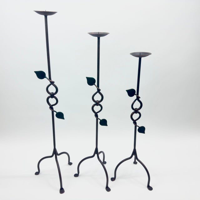 Hand Forged Iron Candelabra Set of 3 (80-100cm) Antique Copper Finish Sculpted Twist & Leaf Floor Set For Sale - Image 6 of 6