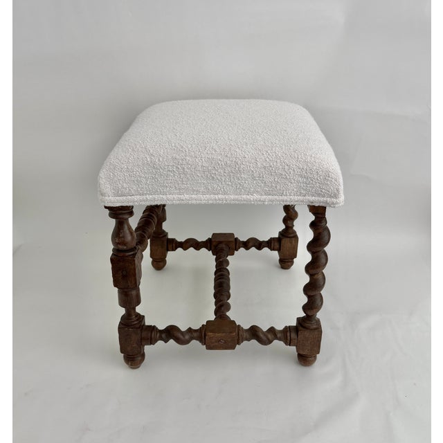 Wood 19th C French Louis XIII Style Walnut Stool W/ New Boucle Textile For Sale - Image 7 of 15