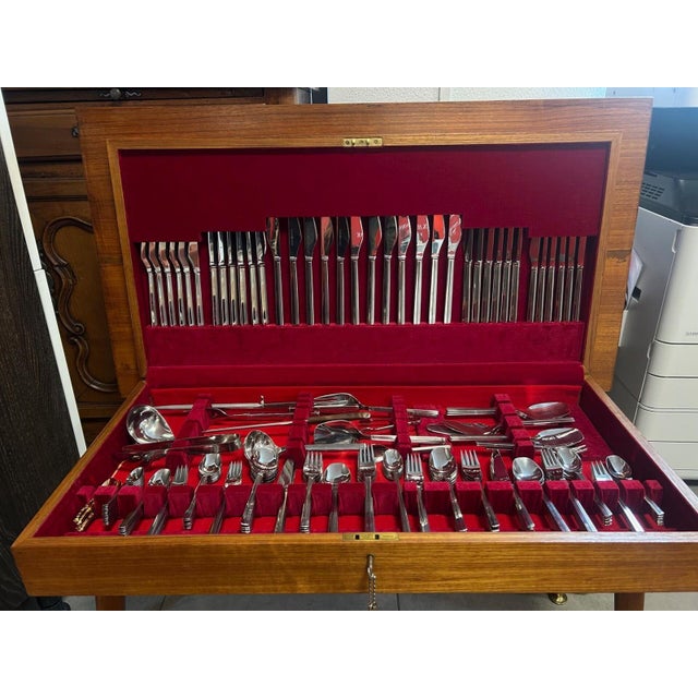 Modernist Stainless Steel Flatware Set in Wooden Cabinet, 1960s, Set of 130 For Sale - Image 4 of 8