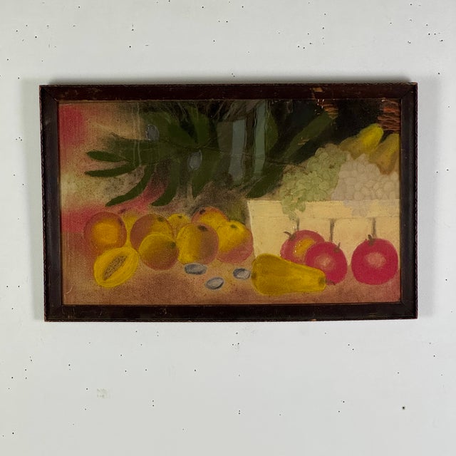 A joyful and bright antique pastel on board painting of fruits still life. Apples, pears, grapes, oranges, and papaya come...