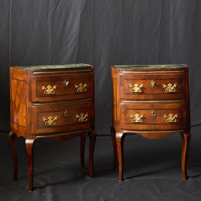 Pair of 18th Century Italian walnut and fruitwood inlaid commodinis or bedside tables with the original inset verde marble...