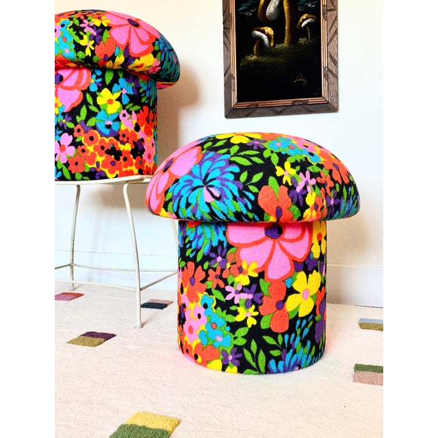 Mid-Century Modern Mushroom Ottoman in Colorful Floral Mid Century Vintage Fabric For Sale - Image 3 of 15
