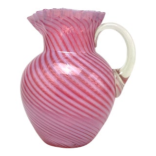 Antique Fenton 9" Cranberry Pink Swirl Pitcher With Ruffle Rim and Applied Handle For Sale
