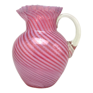 Antique Fenton 9" Cranberry Pink Swirl Pitcher With Ruffle Rim and Applied Handle