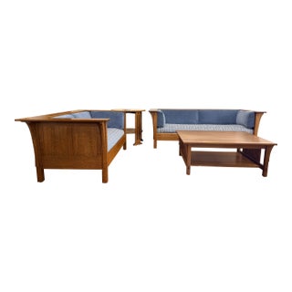 1990s Stickley Living Room Set, Prairie Sofa (Settle). Love Seat, Coffee Table and Round Table For Sale