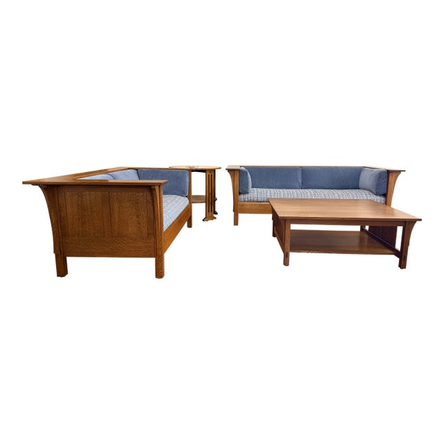 1990s Stickley Living Room Set, Prairie Sofa (Settle). Love Seat, Coffee Table and Round Table For Sale