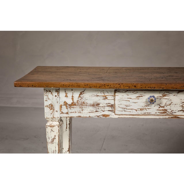 Brown Farmhouse Chic White Distressed Sofa Table with Single Drawer and Tapered Legs For Sale - Image 8 of 12